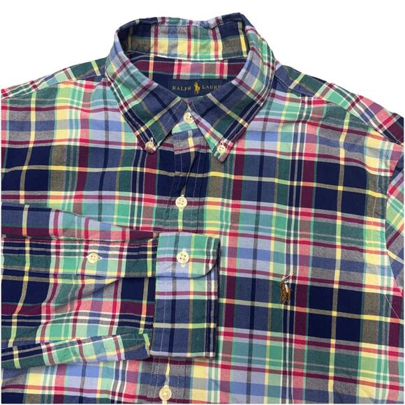 Ralph Lauren Mens Shirt Medium Classic Fit Oxford Plaid Flesh Pony L/S - Picture 1 of 7